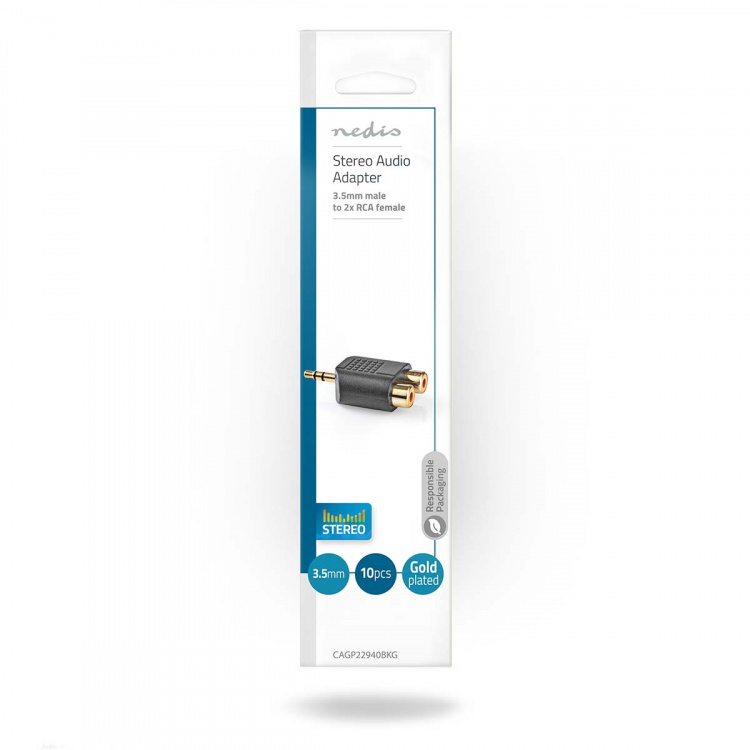 Nedis Stereo-Audioadapter | 3,5 mm Male | 2x RCA Female | Verguld | Recht | ABS | Zwart | 10 Stuks | Envelop