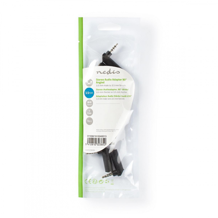 Nedis Stereo-Audioadapter | 3,5 mm Male | 3,5 mm Female | Vernikkeld | 90° Gehoekt | Metaal | Zwart | 10 Stuks | Polybag Nedis Stereo-Audioadapter | 3,5 mm Male | 3,5 mm Female | Vernikkeld | 90° Gehoekt | Metaal | Zwart | 10 Stuks | Polybag