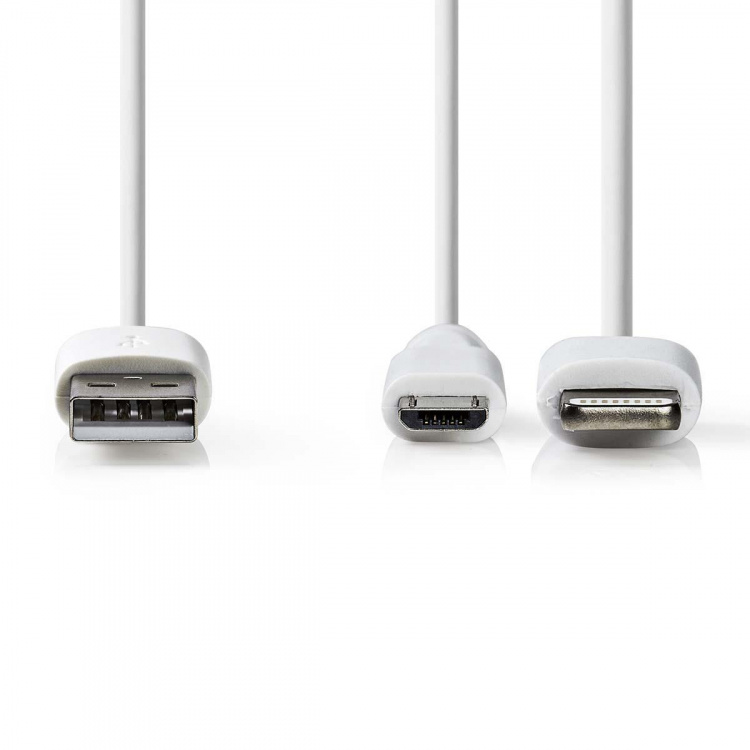 Nedis 2-in-1-Kabel | USB 2.0 | USB-A Male | Apple Lightning 8-Pins / USB Micro-B Male | 480 Mbps | 1.00 m | Vernikkeld | Rond | PVC | Wit | Polybag Nedis 2-in-1-Kabel | USB 2.0 | USB-A Male | Apple Lightning 8-Pins / USB Micro-B Male | 480 Mbps | 1.00 m | Vernikkeld | Rond | PVC | Wit | Polybag