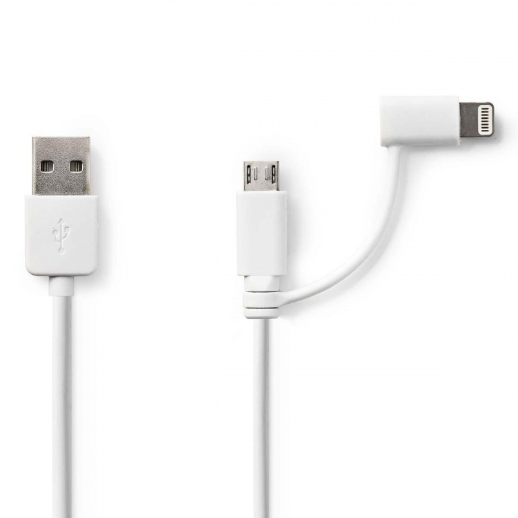 Nedis 2-in-1-Kabel | USB 2.0 | USB-A Male | Apple Lightning 8-Pins / USB Micro-B Male | 480 Mbps | 1.00 m | Vernikkeld | Rond | PVC | Wit | Polybag Nedis 2-in-1-Kabel | USB 2.0 | USB-A Male | Apple Lightning 8-Pins / USB Micro-B Male | 480 Mbps | 1.00 m | Vernikkeld | Rond | PVC | Wit | Polybag
