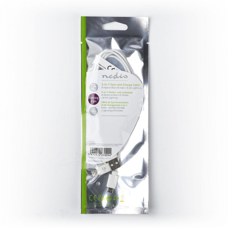 Nedis 2-in-1-Kabel | USB 2.0 | USB-A Male | Apple Lightning 8-Pins / USB Micro-B Male | 480 Mbps | 1.00 m | Vernikkeld | Rond | PVC | Wit | Polybag Nedis 2-in-1-Kabel | USB 2.0 | USB-A Male | Apple Lightning 8-Pins / USB Micro-B Male | 480 Mbps | 1.00 m | Vernikkeld | Rond | PVC | Wit | Polybag
