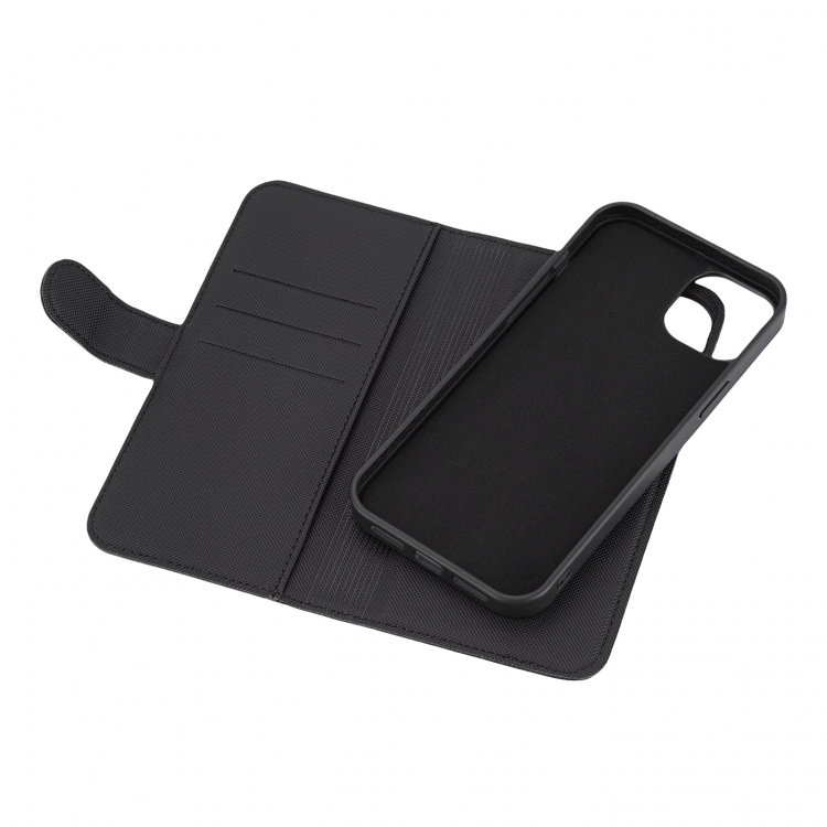 DELTACO Wallet case, 2-in-1, iPhone 15 Plus, magnetic cover, black