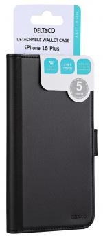 DELTACO Wallet case, 2-in-1, iPhone 15 Plus, magnetic cover, black