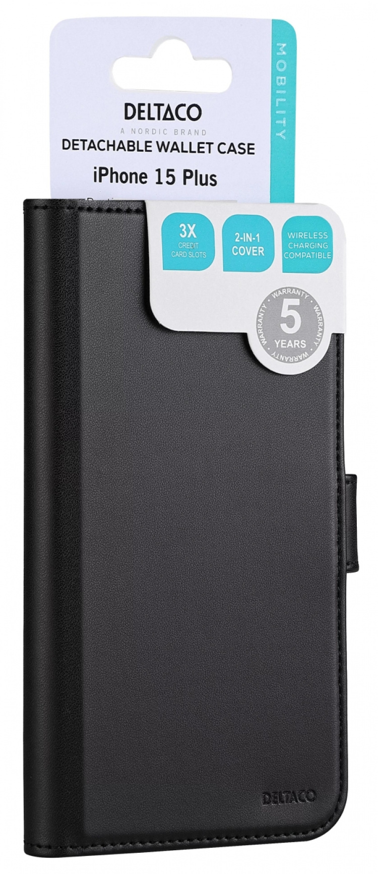 DELTACO Wallet case, 2-in-1, iPhone 15 Plus, magnetic cover, black