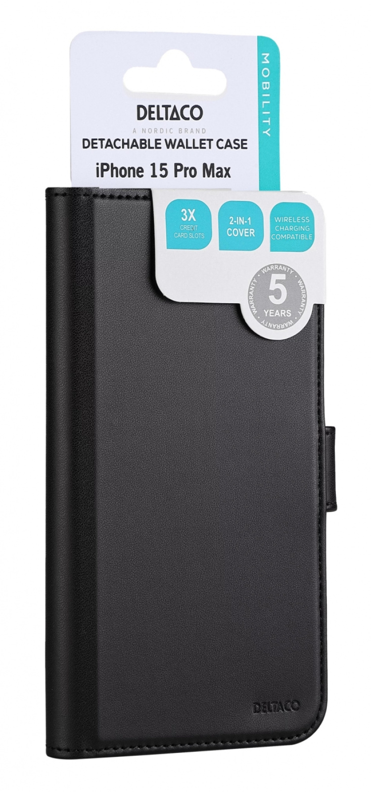 DELTACO Wallet case, 2-in-1, iPhone 15 Pro Max, magnetic cover,black DELTACO Wallet case, 2-in-1, iPhone 15 Pro Max, magnetic cover,black