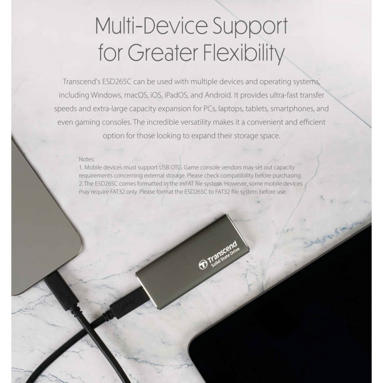 Transcend Portabel SSD ESD256C USB-C 1TB 10Gbps (R1050/W950 Mb/s) Aluminium