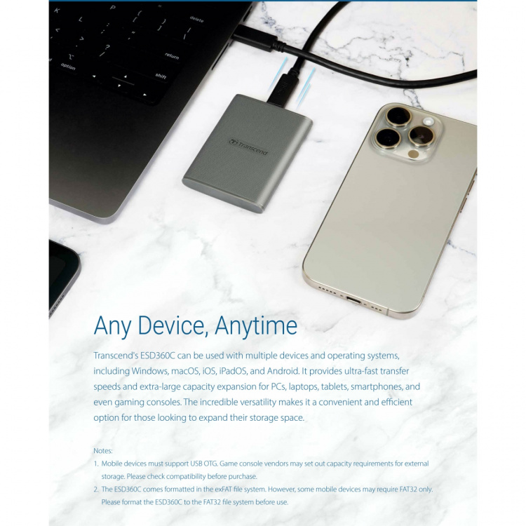 Transcend Portabel SSD ESD360C USB-C 2TB 20Gbps (R2000/W2000 Mb/s)