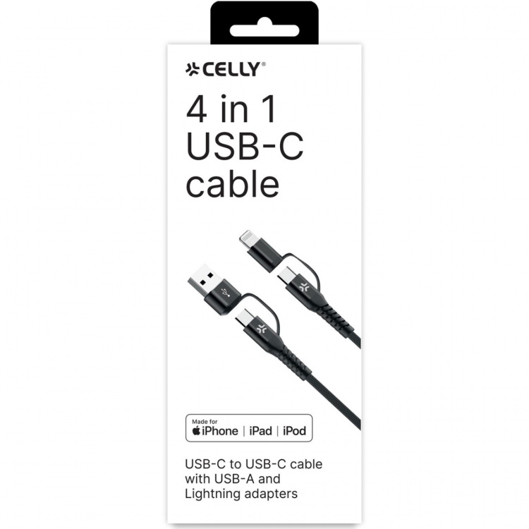 Celly 4-i-1-kabel USB-C/USB-A till USB-C/Lightning Max 60W 2 m Svart Celly 4-i-1-kabel USB-C/USB-A till USB-C/Lightning Max 60W 2 m Svart