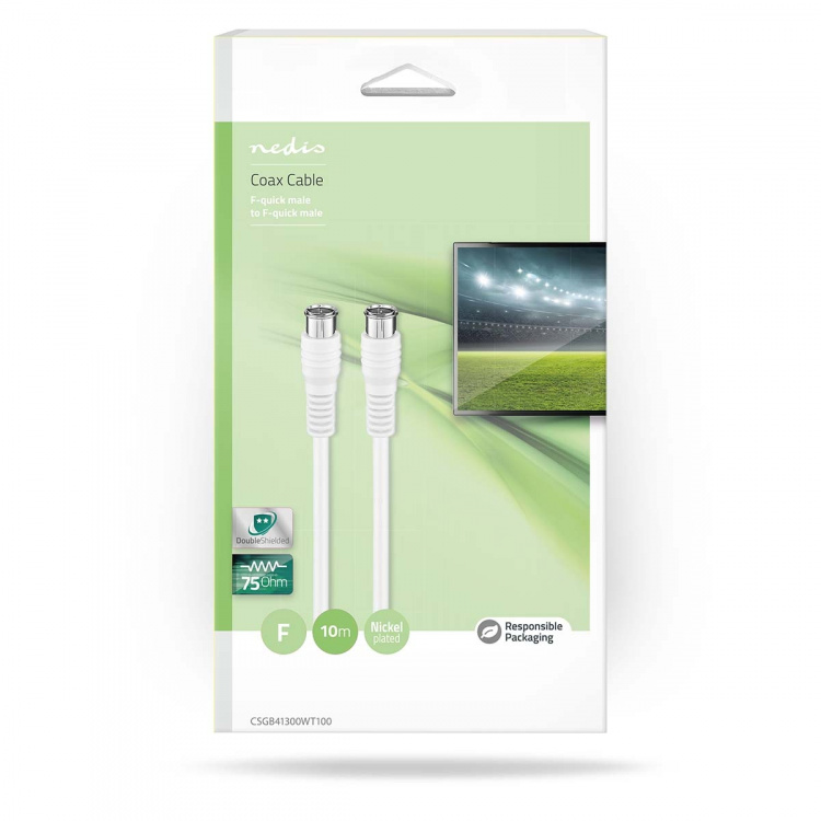 Nedis Satelliet- en Antennekabel | F-Male Quick | F-Male Quick | Vernikkeld | 75 Ohm | Dubbel Afgeschermd | 10.0 m | Rond | PVC | Wit | Doos Nedis Satelliet- en Antennekabel | F-Male Quick | F-Male Quick | Vernikkeld | 75 Ohm | Dubbel Afgeschermd | 10.0 m | Rond | PVC | Wit | Doos