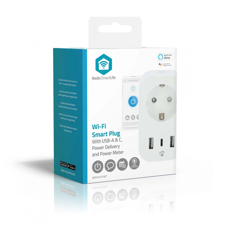 Nedis SmartLife Slimme Stekker | IP21 | Energiemeter | 3680 W | Type F (CEE 7/7) / 1x USB-C™ / 2x USB | 0 - 55 °C | Android™ / IOS | Wit | 1 Stuks Nedis SmartLife Slimme Stekker | IP21 | Energiemeter | 3680 W | Type F (CEE 7/7) / 1x USB-C™ / 2x USB | 0 - 55 °C | Android™ / IOS | Wit | 1 Stuks