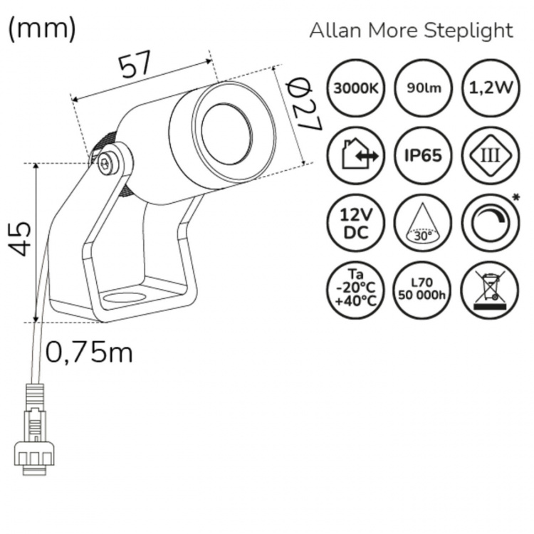 Llitt Allan More Spotlight m metallspjut 1-pack 12V 3000K 100lm IP67 Llitt Allan More Spotlight m metallspjut 1-pack 12V 3000K 100lm IP67