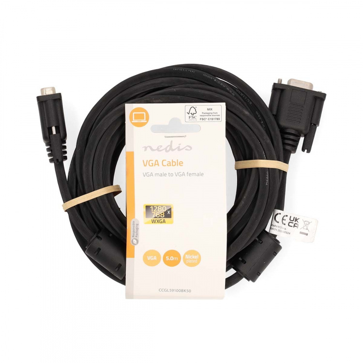 Nedis VGA-Kabel | VGA Male | VGA Female 15p | Vernikkeld | Maximale resolutie: 1280x800 | 5.00 m | Rond | ABS | Zwart | Label Nedis VGA-Kabel | VGA Male | VGA Female 15p | Vernikkeld | Maximale resolutie: 1280x800 | 5.00 m | Rond | ABS | Zwart | Label