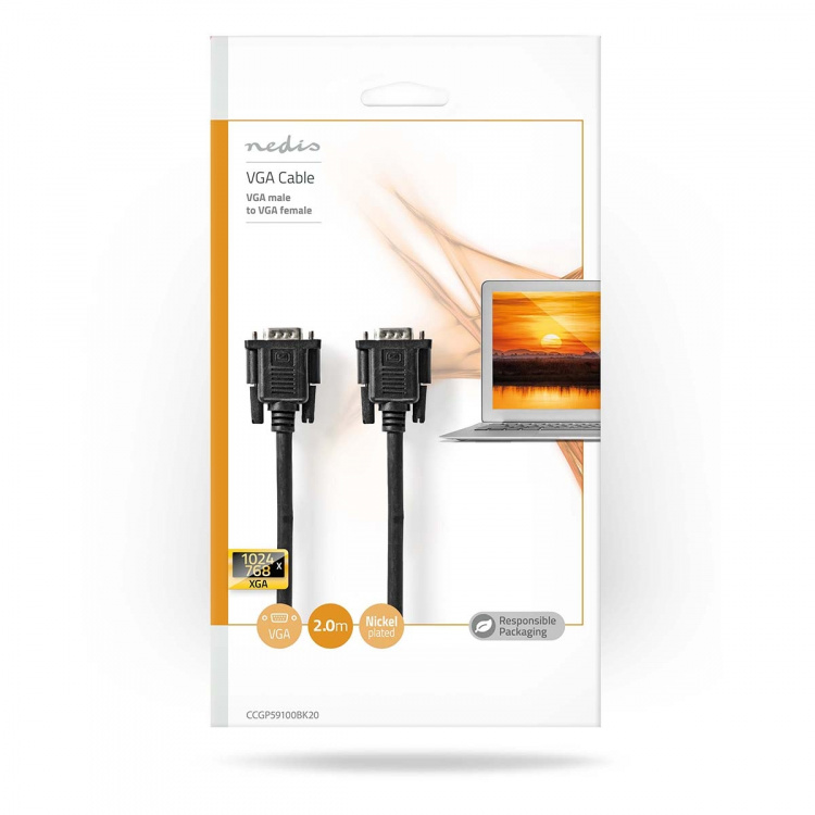 Nedis VGA-Kabel | VGA Male | VGA Female 15p | Vernikkeld | Maximale resolutie: 1280x800 | 2.00 m | Rond | ABS | Zwart | Envelop