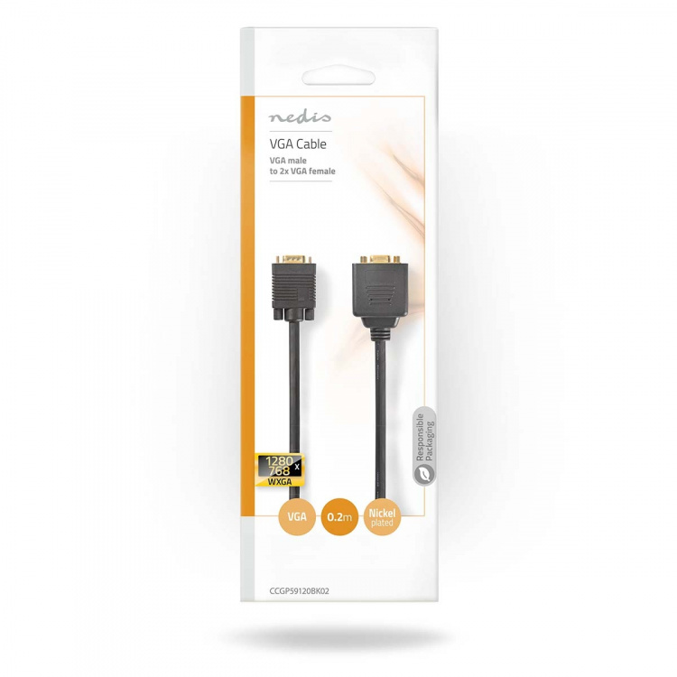 Nedis VGA-Kabel | VGA Male | 2x VGA Female | Verguld | Maximale resolutie: 1280x768 | 0.20 m | Rond | ABS | Zwart | Envelop
