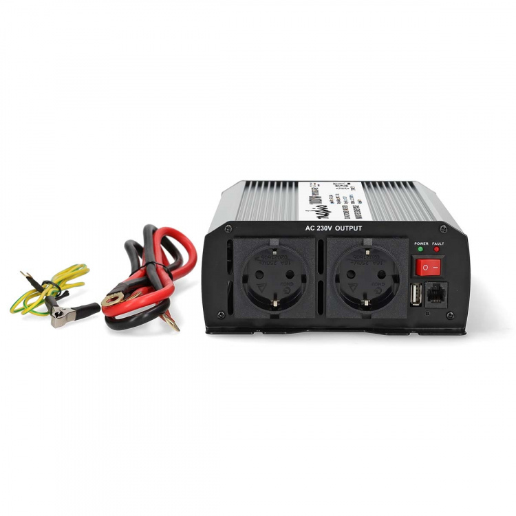 Nedis Omvormer Gemodificeerde Sinusgolf | Ingangsvoltage: 24 V DC | Apparaat stroomoutput: Type F (CEE 7/3) / USB-A | 230 V AC 50 Hz | 1000 W | Piekvermogen: 2000 W | Screw Terminal | Zilver