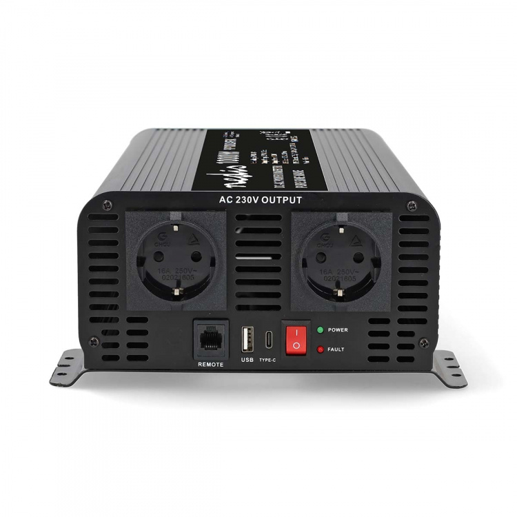 Nedis Omvormer Pure Sinusgolf | Ingangsvoltage: 24 V DC | Apparaat stroomoutput: Type F (CEE 7/3) / USB-A / 1x USB-C™ | 230 V AC 50 Hz | 1000 W | Piekvermogen: 2000 W | Screw Terminal | Zuivere Sinusgolf | Zekering | Zwart