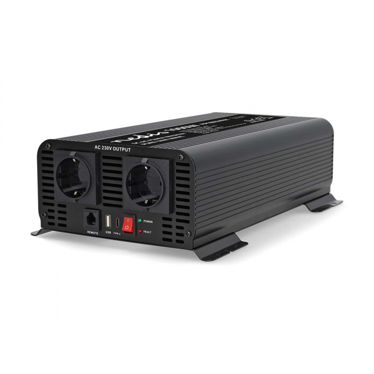 Nedis Omvormer Pure Sinusgolf | Ingangsvoltage: 24 V DC | Apparaat stroomoutput: Type F (CEE 7/3) / USB-A / 1x USB-C™ | 230 V AC 50 Hz | 1000 W | Piekvermogen: 2000 W | Screw Terminal | Zuivere Sinusgolf | Zekering | Zwart