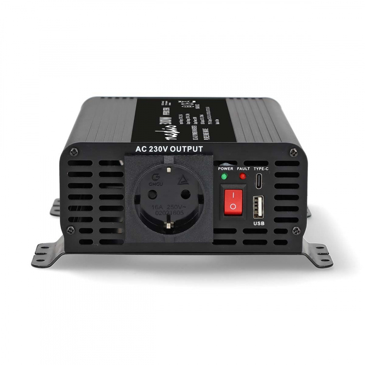 Nedis Omvormer Pure Sinusgolf | Ingangsvoltage: 12 V DC | Apparaat stroomoutput: Type F (CEE 7/3) / USB-A / 1x USB-C™ | 230 V AC 50 Hz | 300 W | Piekvermogen: 600 W | Screw Terminal | Zuivere Sinusgolf | Zekering | Zwart