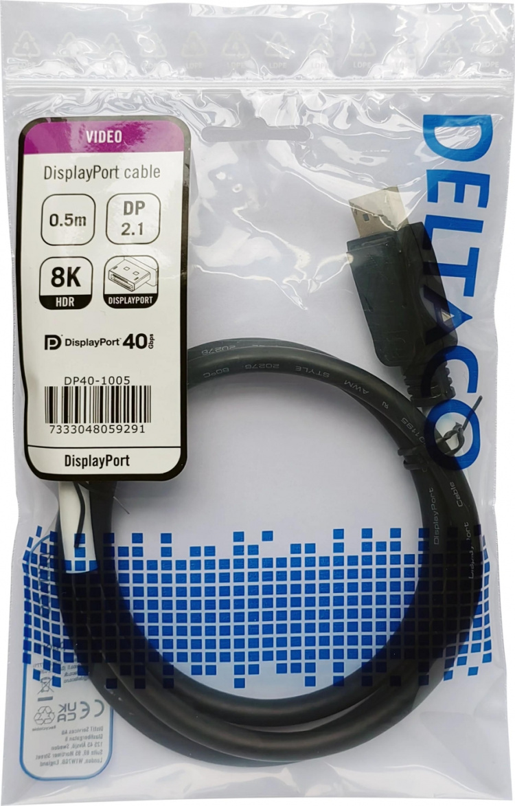 DELTACO DisplayPort cable, DP 2.1, DP40, 0,5m