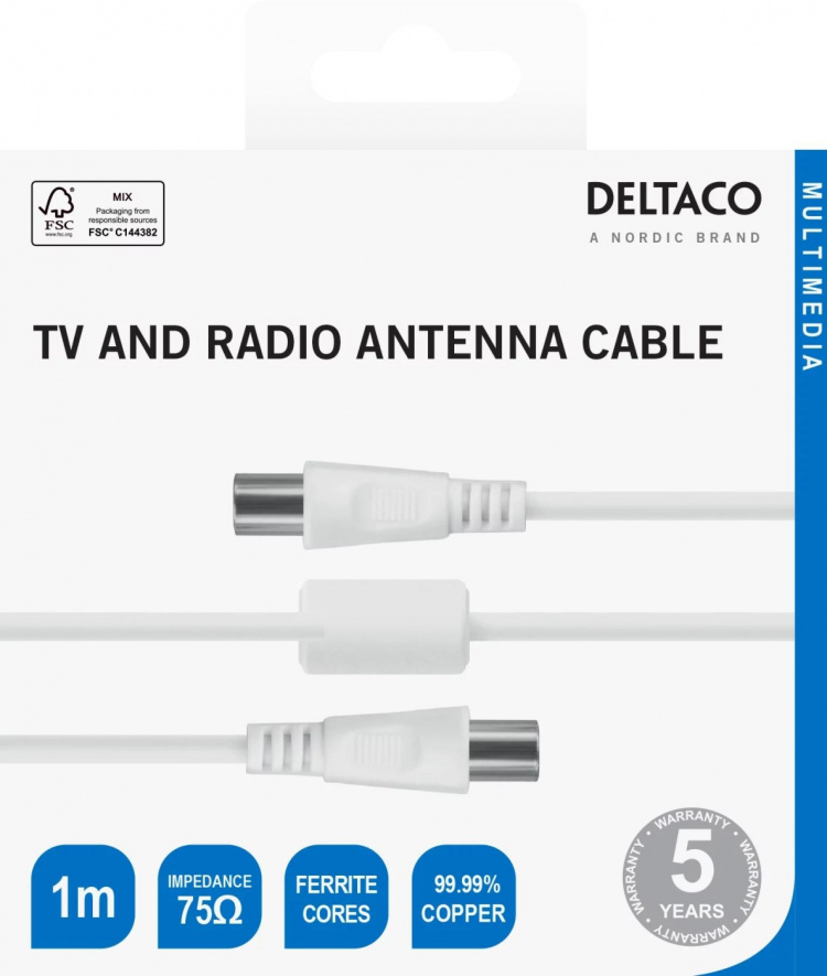 DELTACO Antenna cable, 75 Ohm nickel-plated connectors, 1m