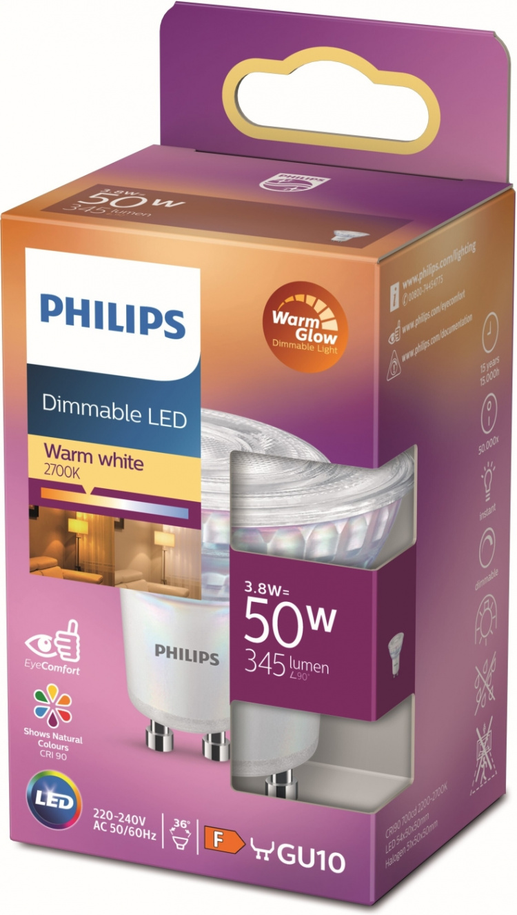 Philips Warm Glow LED spotlight, GU10, 2200-2700 K, 345 lm, dimmable