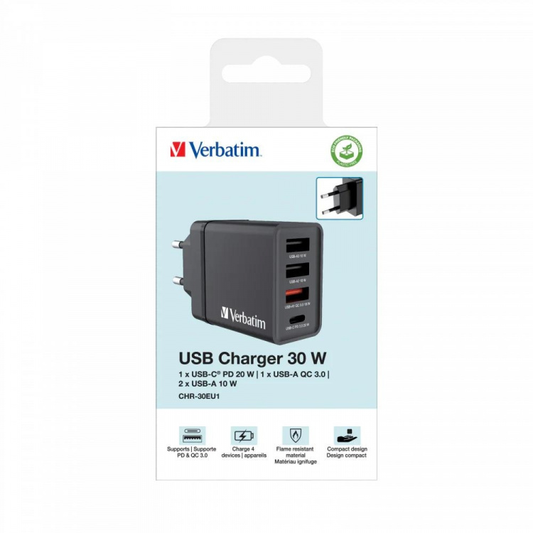 Verbatim CHR-30EU1 USB Charger 30W with 1 x USB-C® PD 20W