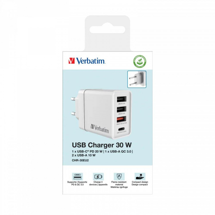 Verbatim CHR-30EU2 USB Charger 30W with 1 x USB-C® PD 20W