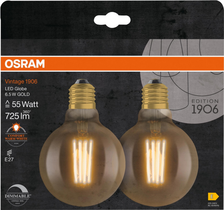 Osram 1906 LED globe95 fil gold 6,5W/824 (55W) E27 dim 2-pack
