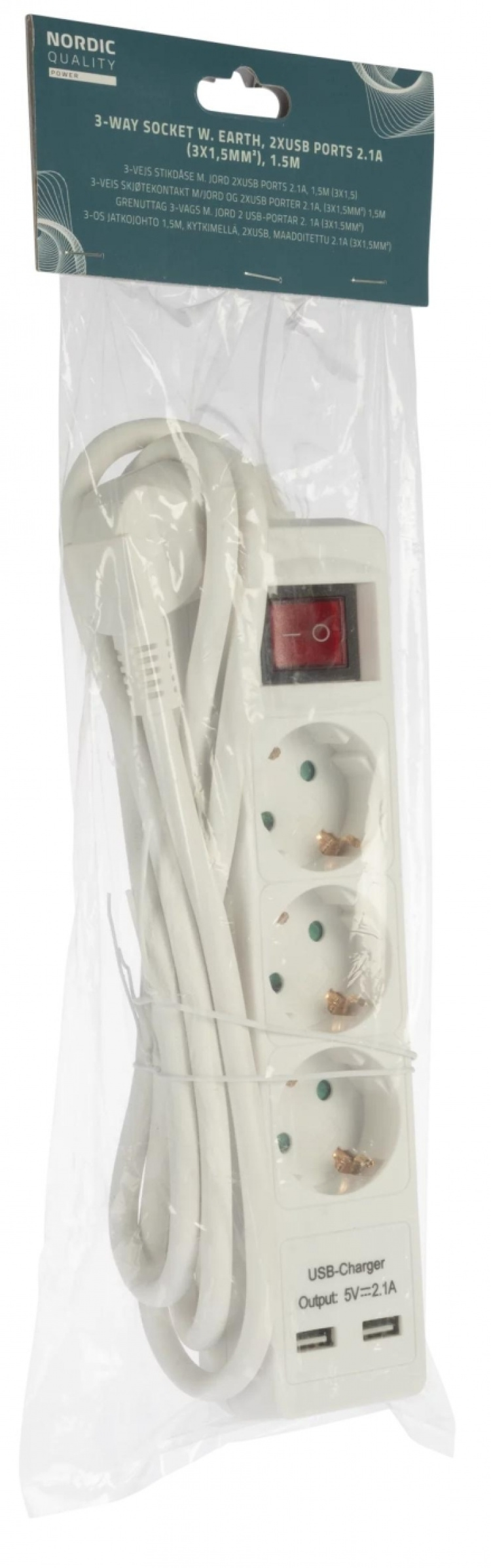 Nordic Quality 3-vägskontakt jordad, 2xUSB-A (3x1,5mm²), 1,5m