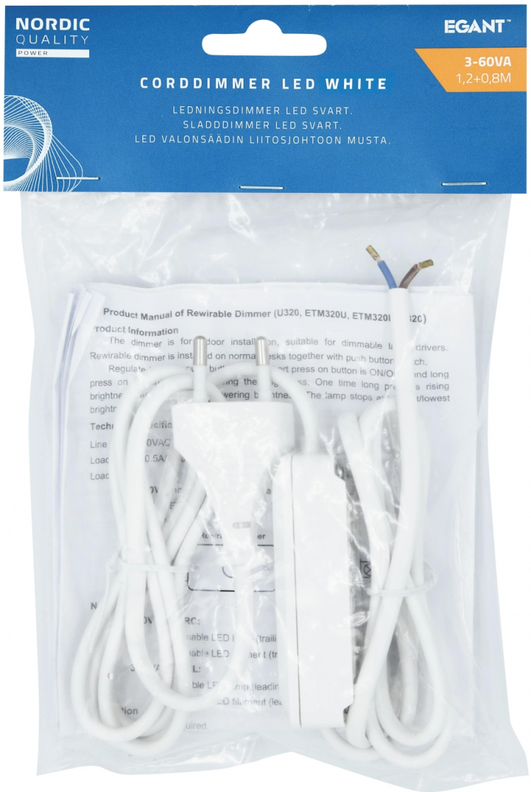 Nordic Quality Corddimmer 3-60vA 1,2+0,8m w. plug. White