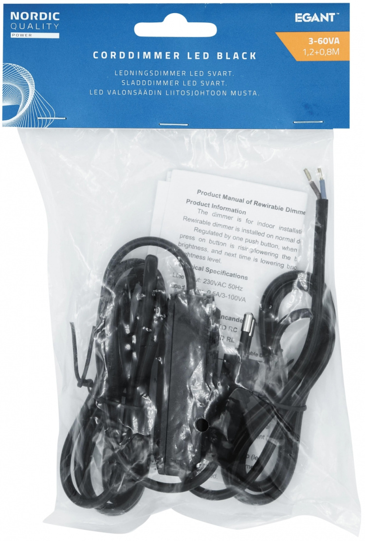 Nordic Quality Corddimmer 3-60vA 1,2+0,8m w. plug. Black
