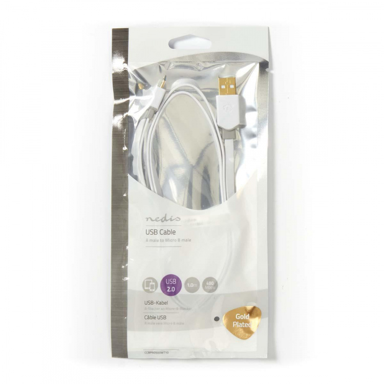 Nedis USB-Kabel | USB 2.0 | USB-A Male | USB Micro-B Male | 480 Mbps | Verguld | 1.00 m | Plat | PVC | Wit | Polybag