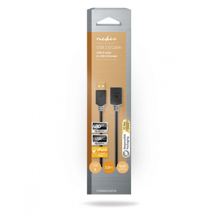 Nedis USB-Kabel | USB 2.0 | USB-A Male | USB-A Female | 480 Mbps | Verguld | 2.00 m | Rond | PVC | Antraciet | Doos
