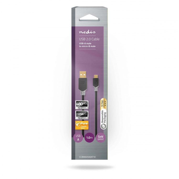 Nedis USB-Kabel | USB 2.0 | USB-A Male | USB Micro-B Male | 480 Mbps | Verguld | 1.00 m | Rond | PVC | Antraciet | Doos Nedis USB-Kabel | USB 2.0 | USB-A Male | USB Micro-B Male | 480 Mbps | Verguld | 1.00 m | Rond | PVC | Antraciet | Doos