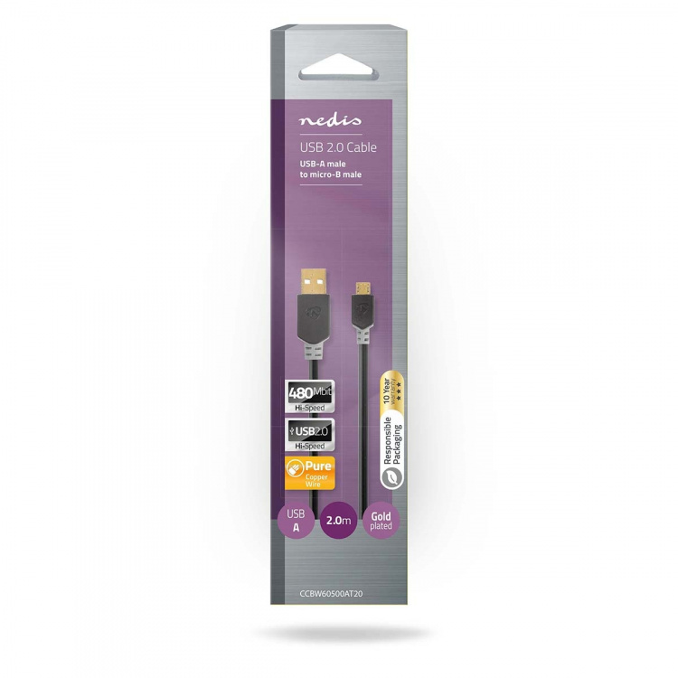 Nedis USB-Kabel | USB 2.0 | USB-A Male | USB Micro-B Male | 480 Mbps | Verguld | 2.00 m | Rond | PVC | Antraciet | Doos Nedis USB-Kabel | USB 2.0 | USB-A Male | USB Micro-B Male | 480 Mbps | Verguld | 2.00 m | Rond | PVC | Antraciet | Doos