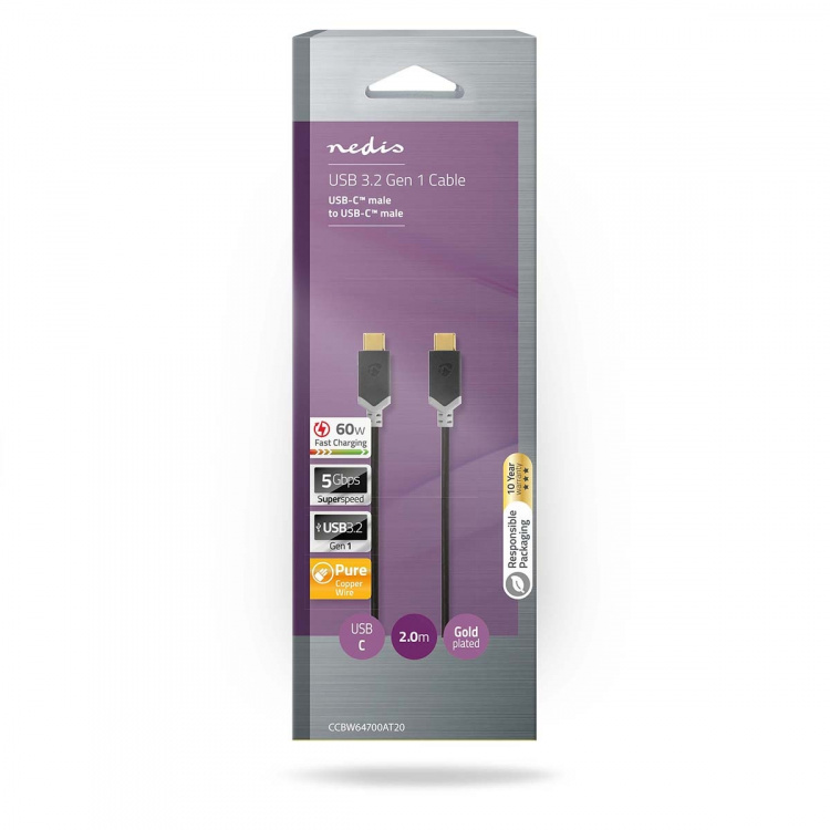 Nedis USB-Kabel | USB 3.2 Gen 1 | USB-C™ Male | USB-C™ Male | 60 W | 4K@60Hz | 5 Gbps | Verguld | 2.00 m | Rond | PVC | Zwart | Doos