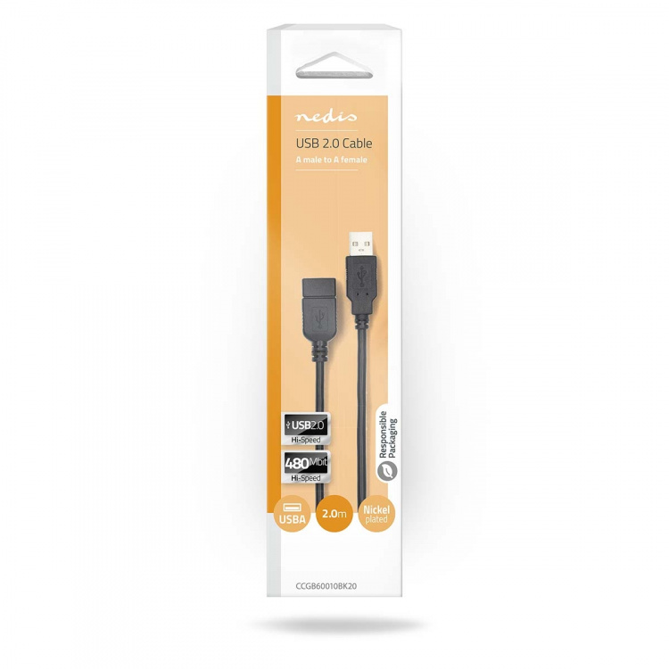 Nedis USB-Kabel | USB 2.0 | USB-A Male | USB-A Female | 480 Mbps | Vernikkeld | 2.00 m | Rond | PVC | Zwart | Doos Nedis USB-Kabel | USB 2.0 | USB-A Male | USB-A Female | 480 Mbps | Vernikkeld | 2.00 m | Rond | PVC | Zwart | Doos