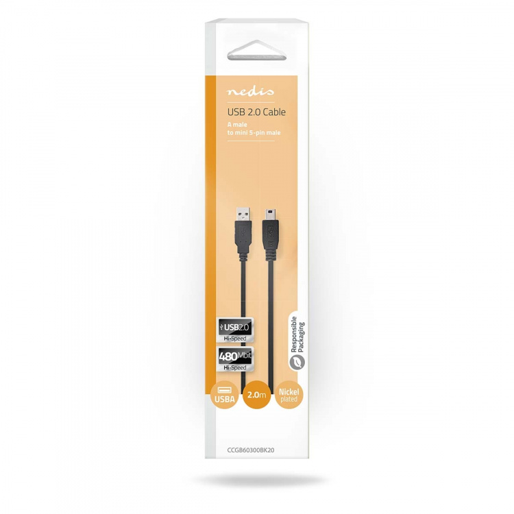 Nedis USB-Kabel | USB 2.0 | USB-A Male | USB Mini-B 5-Pins Male | 480 Mbps | Vernikkeld | 2.00 m | Rond | PVC | Zwart | Doos