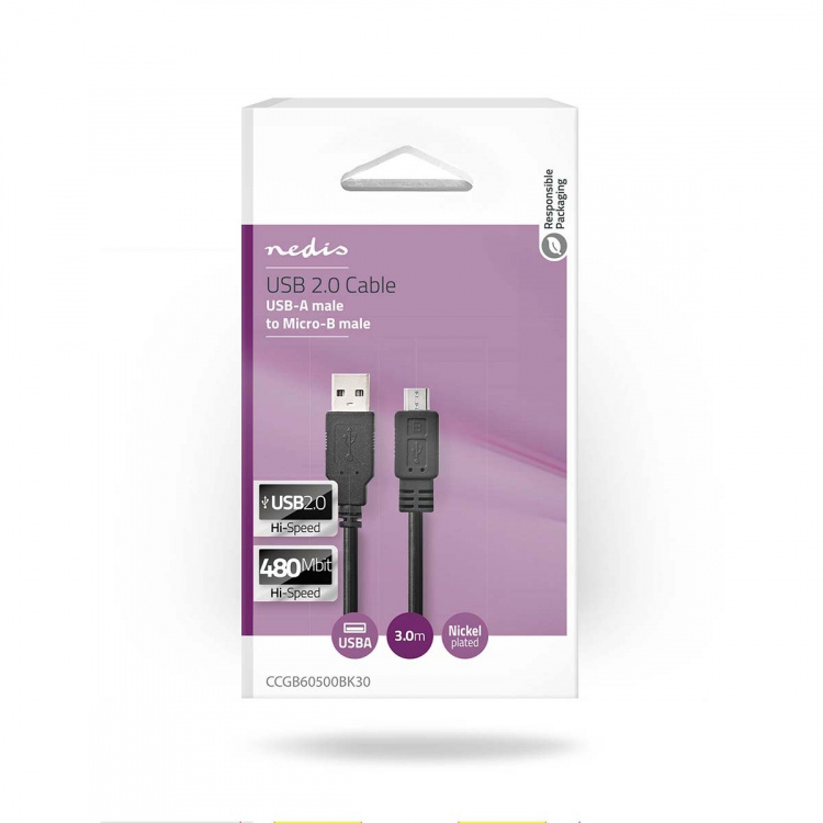 Nedis USB-Kabel | USB 2.0 | USB-A Male | USB Micro-B Male | 480 Mbps | Vernikkeld | 3.00 m | Rond | PVC | Zwart | Doos