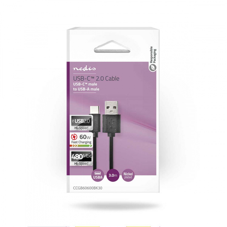 Nedis USB-Kabel | USB 2.0 | USB-C™ Male | USB-A Male | 15 W | 480 Mbps | Vernikkeld | 3.00 m | Rond | PVC | Zwart | Doos Nedis USB-Kabel | USB 2.0 | USB-C™ Male | USB-A Male | 15 W | 480 Mbps | Vernikkeld | 3.00 m | Rond | PVC | Zwart | Doos