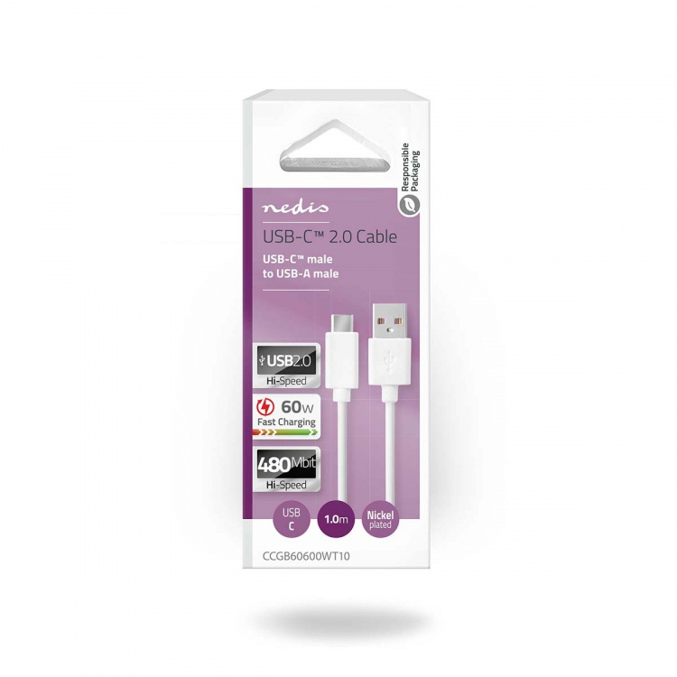 Nedis USB-Kabel | USB 2.0 | USB-A Male | USB-C™ Male | 60 W | 480 Mbps | Vernikkeld | 1.00 m | Rond | PVC | Wit | Doos Nedis USB-Kabel | USB 2.0 | USB-A Male | USB-C™ Male | 60 W | 480 Mbps | Vernikkeld | 1.00 m | Rond | PVC | Wit | Doos