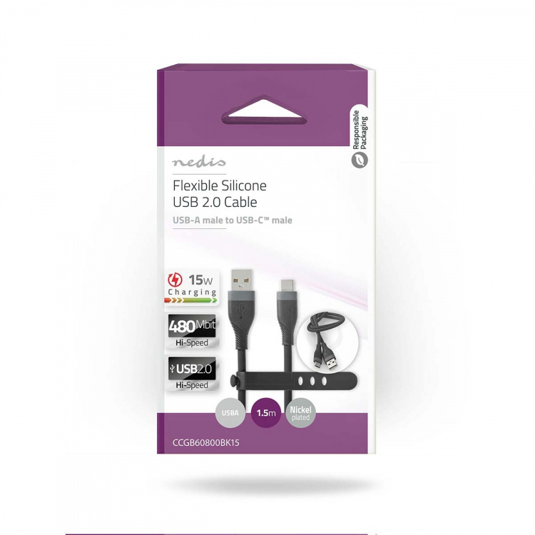 Nedis USB-Kabel | USB 2.0 | USB-A Male | USB-C™ Male | 15 W | 480 Mbps | Vernikkeld | 1.50 m | Rond | Silicone | Zwart | Doos Nedis USB-Kabel | USB 2.0 | USB-A Male | USB-C™ Male | 15 W | 480 Mbps | Vernikkeld | 1.50 m | Rond | Silicone | Zwart | Doos