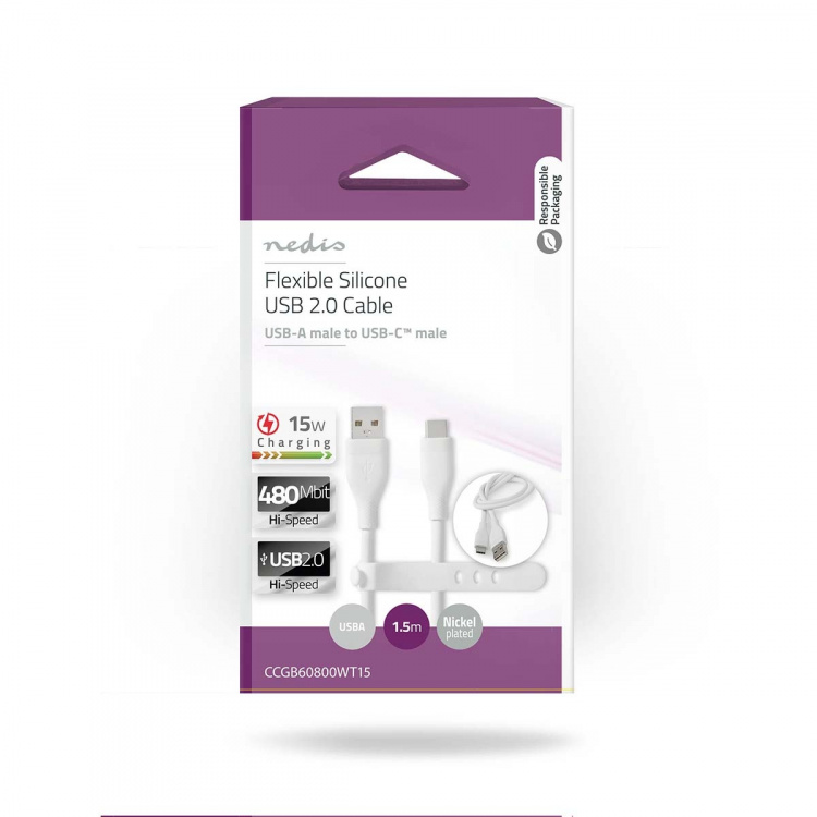 Nedis USB-Kabel | USB 2.0 | USB-A Male | USB-C™ Male | 15 W | 480 Mbps | Vernikkeld | 1.50 m | Rond | Silicone | Wit | Doos