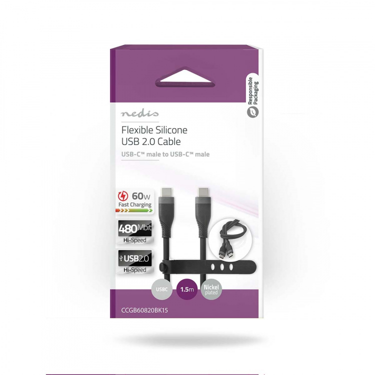 Nedis USB-Kabel | USB 2.0 | USB-C™ Male | USB-C™ Male | 60 W | 480 Mbps | Vernikkeld | 1.50 m | Rond | Silicone | Zwart | Doos