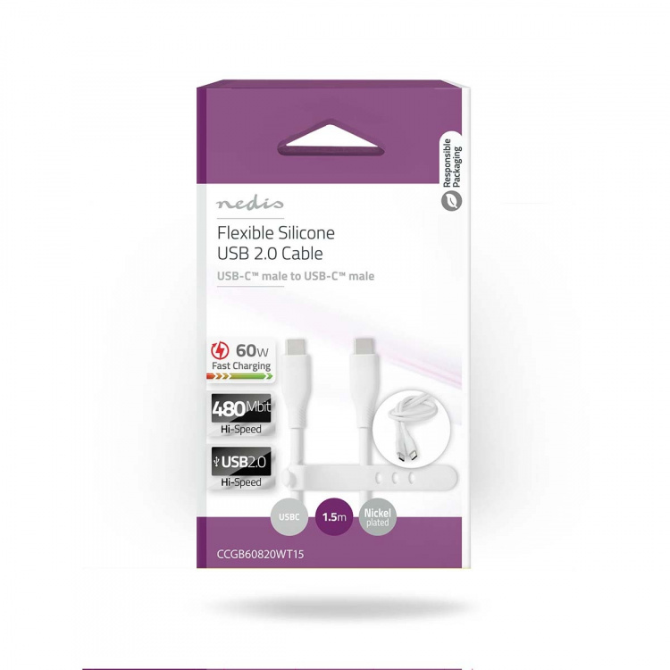 Nedis USB-Kabel | USB 2.0 | USB-C™ Male | USB-C™ Male | 60 W | 480 Mbps | Vernikkeld | 1.50 m | Rond | Silicone | Wit | Doos