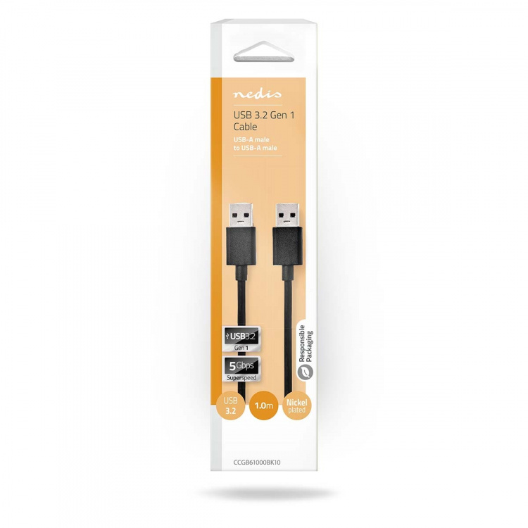 Nedis USB-Kabel | USB 3.2 Gen 1 | USB-A Male | USB-A Male | 5 Gbps | Vernikkeld | 1.00 m | Rond | PVC | Zwart | Doos