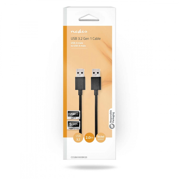 Nedis USB-Kabel | USB 3.2 Gen 1 | USB-A Male | USB-A Male | 5 Gbps | Vernikkeld | 2.00 m | Rond | PVC | Zwart | Doos