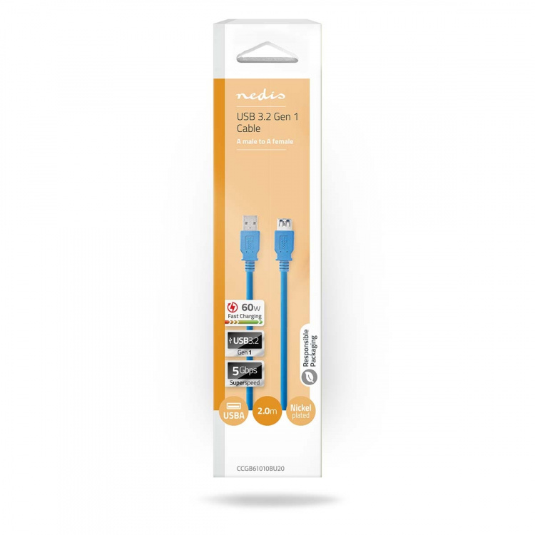 Nedis USB-Kabel | USB 3.2 Gen 1 | USB-A Male | USB-A Female | 5 Gbps | Vernikkeld | 2.00 m | Rond | PVC | Blauw | Doos
