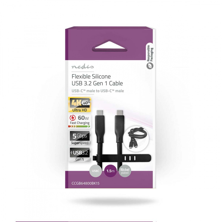 Nedis USB-Kabel | USB 3.2 Gen 1 | USB-C™ Male | USB-C™ Male | 60 W | 4K@30Hz | 5 Gbps | Vernikkeld | 1.50 m | Rond | Silicone | Zwart | Doos