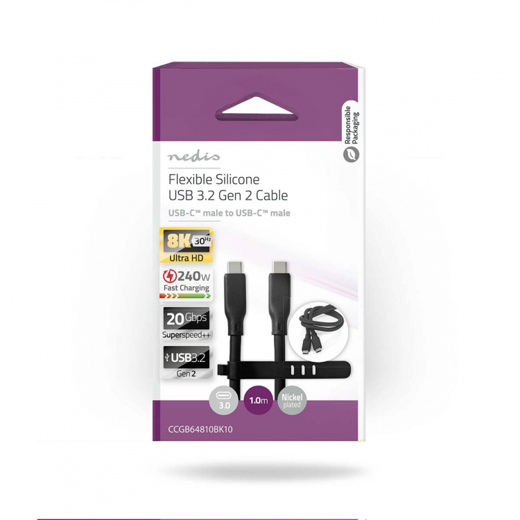 Nedis USB-Kabel | USB 3.2 Gen 2 | USB-C™ Male | USB-C™ Male | 240 W | 8K@30Hz | 20 Gbps | Vernikkeld | 1.00 m | Rond | Silicone | Zwart | Doos